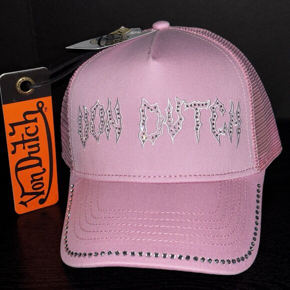 Von Dutch Rhinestone Bling Light Pink SnapBack Trucker Hat 2000s - Picture 2 of 12